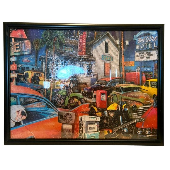 Framed Puzzle Picture Old Nostalgic Cars Motorcycles Trucks Dogs Bel Aire Motel - Picture 2 of 8
